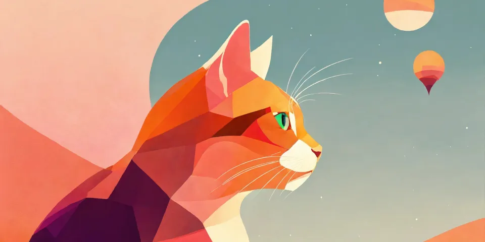 An artistic depiction of a cat with geometric patterns and vibrant colors.