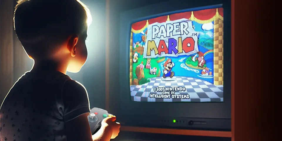 A boy playing Paper Mario on the N64.